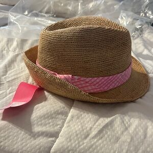 BNWT Lilly Pulitzer Tan with Pink/white Gingham Ribbon Fedora style pool hat